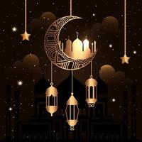 cartel de ramadan kareem con luna y linternas colgando vector