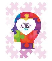 día mundial del autismo con silueta de cabeza y piezas de rompecabezas vector