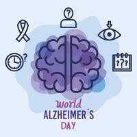 día mundial del alzheimer con cerebro e iconos vector