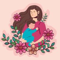 Mujer embarazada llevando Baby Boy con decoración de flores vector