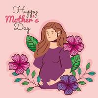 happy mother day card with woman pregnant and flowers decoration vector