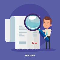 tax day poster with businessman and icons vector