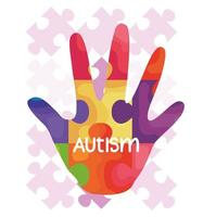 Día mundial del autismo y mano con piezas de rompecabezas. vector