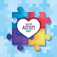 world autism day with heart in puzzle pieces vector