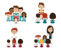 group of little students with teachers vector