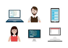 laptops with smartphone and business people vector