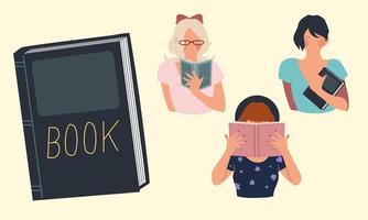 leer libro, retrato de mujeres libros educación aprendizaje y lectura vector