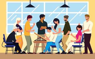 teamwork men and women sitting at desk and standing in modern office, working vector