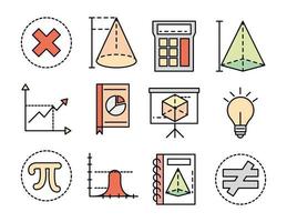 Matemáticas educación escuela ciencia colección de iconos de línea y estilo de relleno vector