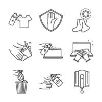 cleaning disinfection coronavirus prevention sanitizer products line style icons set vector