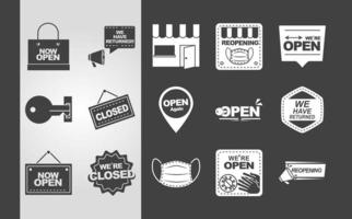 set of were open again text lettering key door silhouette icons vector