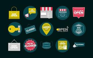 set of were open again text lettering key door flat icons vector