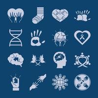 world down syndrome day set icons support campaign blue background silhouette style vector