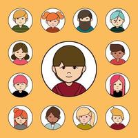 diverse people group cartoon characters round line icons set vector