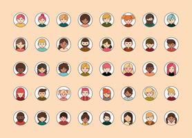 people diverse faces of different ethnicity round line icons set vector