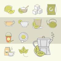 juego de té de iconos lima tetera tazas de azúcar línea de hojas y estilo de relleno