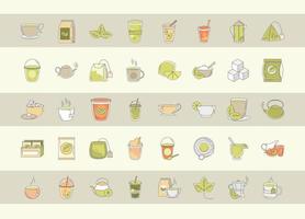 tea fresh beverage traditional teapot cups teabag sugar leaf icons set line and fill vector