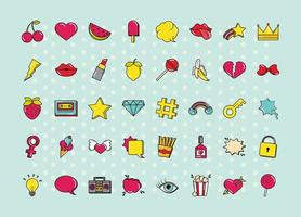 Conjunto de iconos planos de kit de pegatinas de moda divertida estilo cómic pop art vector