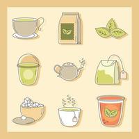 tea herbal kettle product pack leaf cups and sugar icons line and fill vector