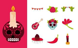 celebración del día de muertos mexicanos iconos tradicionales estilo plano vector