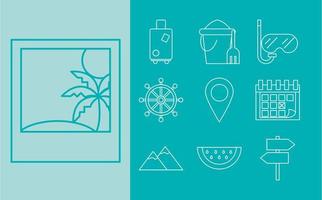 summer vacation travel tropical beach tourism icons linear style green background vector