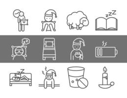 insomnia sleep problems disorder set linear icons style vector