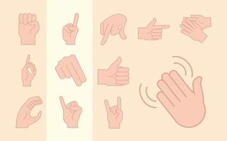 manos de lenguaje de señas haciendo línea alfabética y conjunto de iconos de relleno vector
