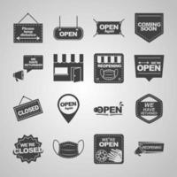 were open welcome back coming soon stickers banner pack silhouette icons vector