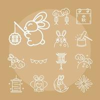 happy mid autumn festival chinese celebration traditional season line style icons set vector