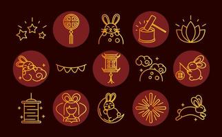 happy mid autumn festival chinese celebration traditional gradient style icons set vector