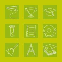 back to school supplies elementary education block and line icons green background vector