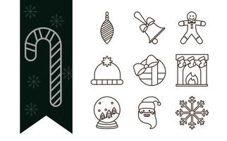 happy merry christmas decoration ornaments season celebration festive line icons style collection vector