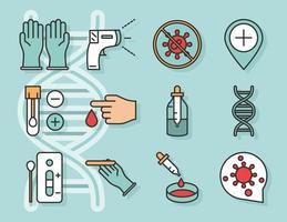 coronavirus covid 19 diagnostics research medical equipment test sample and results line and fill pack icons vector