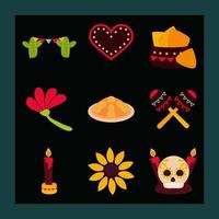 día de los muertos celebración mexicana decoración tradicional fondo negro plano estilo paquete iconos vector