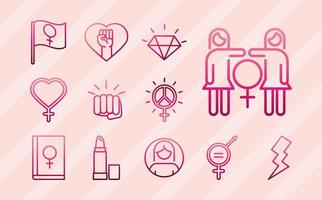 feminism movement icon power female rights pictogram line icons set vector