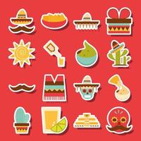 Conjunto de iconos mexicanos decoración celebración festivo fondo rojo diseño plano vector