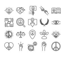 Los iconos de la línea del día de los derechos humanos establecen el diseño incluido la ley de la paz del corazón escala mundial vector