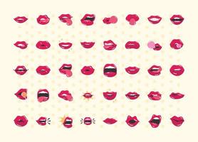 boca y labios de arte pop labios femeninos cómicos con un beso sonrisa lengua dientes diseño de icono plano vector