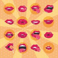 arte pop mujer sexy boca y labios fondo de rayos de sol diseño de icono plano vector