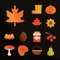 Conjunto de iconos de clima de temporada de otoño fondo negro vector