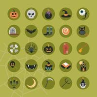 happy halloween trick or treat party celebration pumpkin skull hat ghost flat and block icons set vector