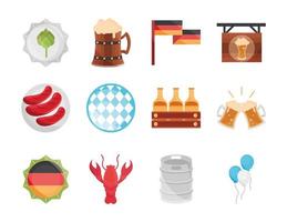 Oktoberfest, celebración del festival de la cerveza, diseño de conjunto de iconos planos tradicionales alemanes vector