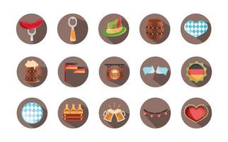 Oktoberfest, celebración del festival de la cerveza, conjunto de iconos planos de bloque tradicional alemán vector