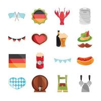 Oktoberfest, celebración del festival de la cerveza, diseño de conjunto de iconos planos tradicionales alemanes vector