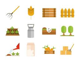 estilo de icono plano de dibujos animados de granja de equipo de trabajo agrícola vector