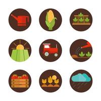 Conjunto de iconos planos y bloques de dibujos animados de granja de equipos de trabajo agrícola vector