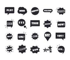 slang bubbles different words and phrases in multicolor cartoon true hello omg flat icons set vector