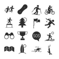 deporte extremo, estilo de vida activo, jogging, esquí, motocross, buceo, silueta, iconos, conjunto, diseño vector