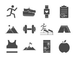 running sport race smart watch scale loss track flag calendar line icons set design vector