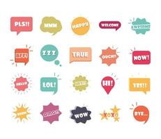 slang bubbles different words and phrases in multicolor cartoon true hello omg flat icons set vector